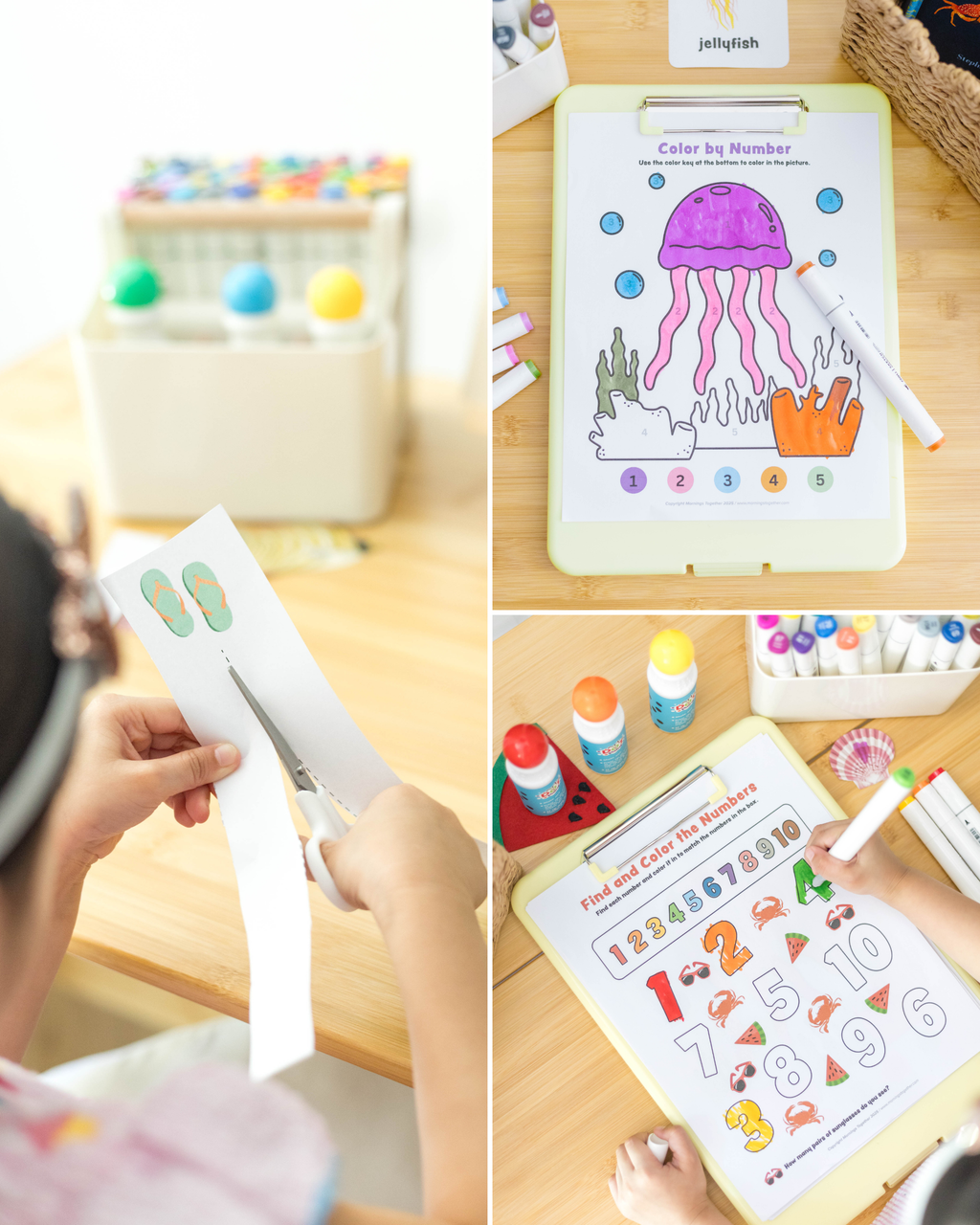 A three-panel collage showing a children's coloring and number activity kit in use. One panel shows a child cutting a paper template with scissors at a wooden table, with colorful beads in a container blurred in the background.