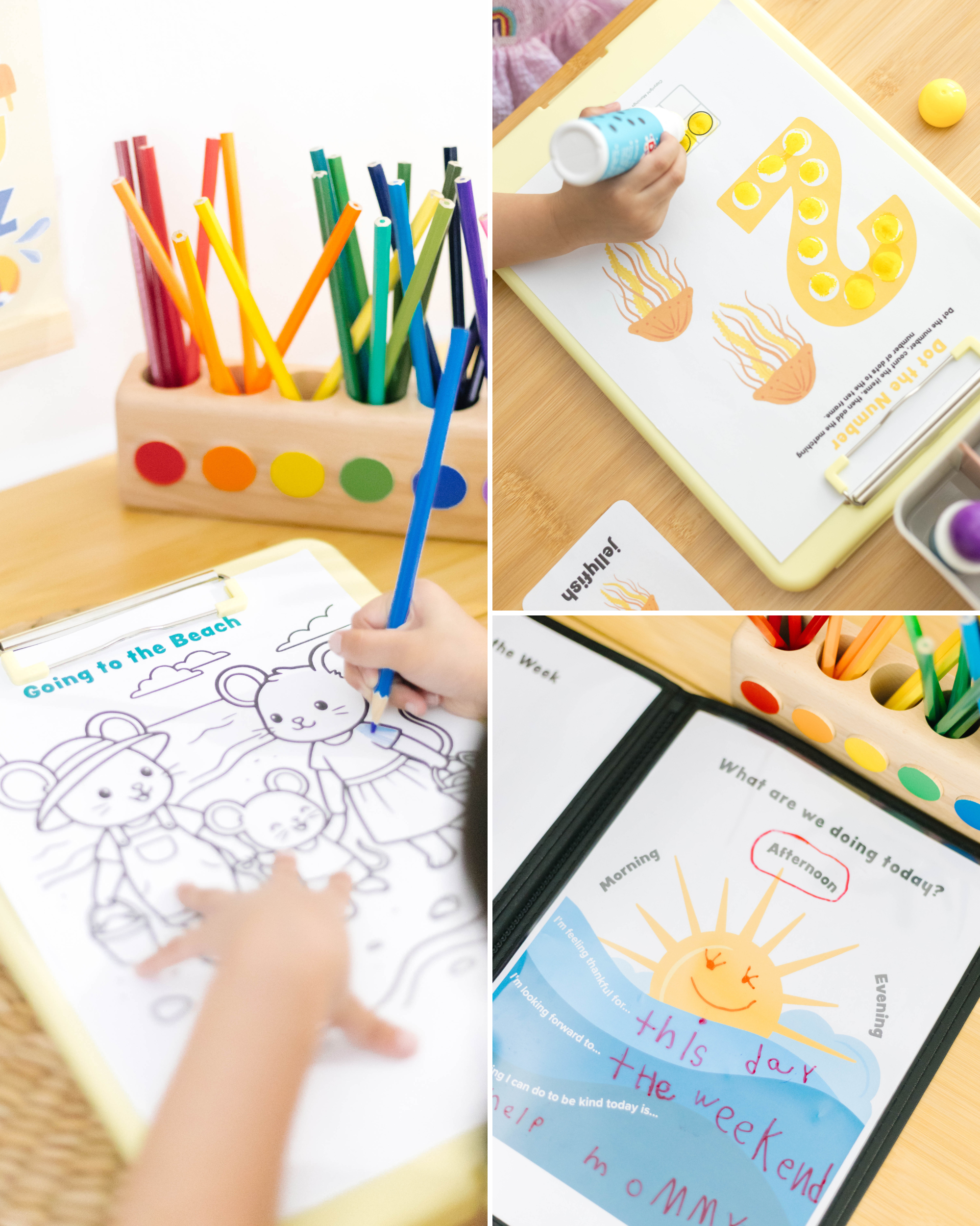 A three-panel collage showing children using colorful educational activity boards and crayons. The top-left panel shows a wooden pencil holder with bright colored pencils and a coloring page.