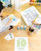 A three panel collage showing education printables and brightly colored art supplies. A child is coloring in a coloring page with a yellow pencil.