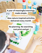 A child's hands are shown coloring a green leaf on a white paper activity sheet with blue paint pens and green beads on a wooden table. Other colorful craft supplies are visible in the background, with three white text bubbles containing promotional copy overlaid on the top half of the image.