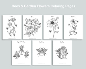 Bees & Garden Flowers Coloring Pages